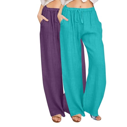 2 Stück Sommerhose Damen Leicht, Sommer Leinenhose Weites Bein Freizeithose Lässige Palazzo Hosen Leinen Strandhosen Elegant Jogginghose Luftige Stoffhose mit Tunnelzug Yogahose für Urlaub Strand von WOXIHUAN