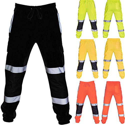 2025 Neu Jogginghose Herren Reflektierende Cargohose Herren Baumwolle Arbeitshose Baggy Warnschutzhose Elastische Taille mit Kordelzug Sporthose Breit Trainingshose Herren Neon mit Multi Taschen von WOXIHUAN