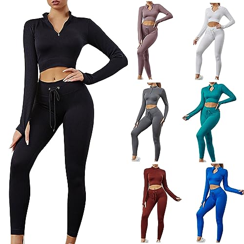 2025 Sport Set Damen Traingsanzug Sportanzüge Jogginganzug Fitness Oberteil mit Halbem Reißverschluss Sport Top und Hohe Taille Hosen 2-teiliges Yoga Outfit Jogginganzug Freizeitanzug Gym Leggings Set von WOXIHUAN
