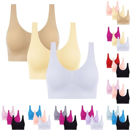3 Stück BH Damen Ohne Bügel Ausverkauf, Abnehmbar Brustpolster BHS Damen Push up BH Starker Halt V-Ausschnitt BHS Seamless Bequem T Shirt Schlaf Bra Underwear Atmungsaktiv Unterwäsche von WOXIHUAN