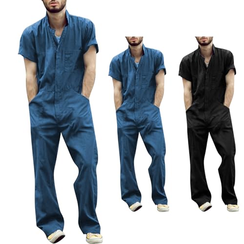 Arbeitsoverall Herren Overall Herren Arbeitskleidung Overall Arbeitsanzug Einfarbige Sommer-Overall, Kurze Ärmel, Herren-Loungewear-Set Overall Strampler Onesie Umlegekragen T-Shirt Trainingsanzug von WOXIHUAN