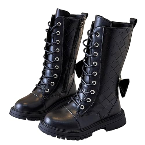 Boots Mädchen mit Fliege, Langschaft Stiefel Leder Kniehohe Reitstiefel mit Seitlichem Reißverschluss Schnürstiefel Elegant Stiefelschuhe Profilsohle Stiefeletten Rutschfest Schuhe für Schule Freizeit von WOXIHUAN