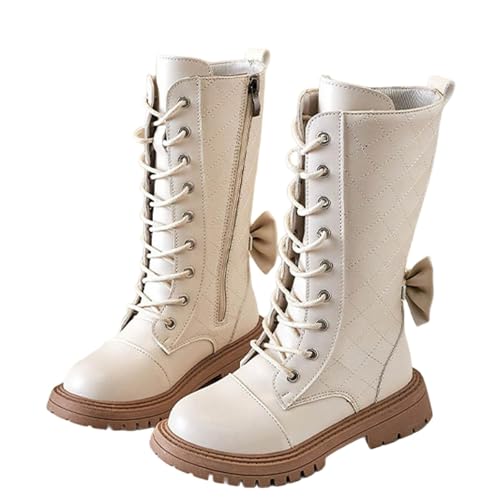 Boots Mädchen mit Fliege, Langschaft Stiefel Leder Kniehohe Reitstiefel mit Seitlichem Reißverschluss Schnürstiefel Elegant Stiefelschuhe Profilsohle Stiefeletten Rutschfest Schuhe für Schule Freizeit von WOXIHUAN