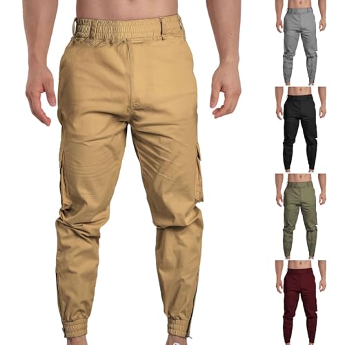 Cargo Hose Herren Cargohose aus Baumwolle mit Multi Taschen Arbeitshose Chino Hose Männer Hosenbein mit Reißverschluss Freizeithose Elastische Taille Jogginghose Lässig Outdoorhose Jogging Sweat Hosen von WOXIHUAN