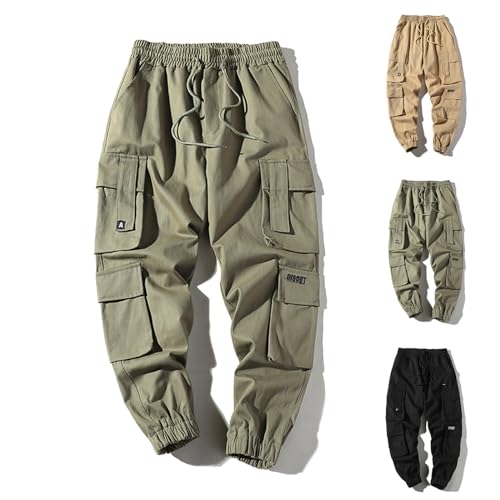Cargohose Herren Baumwolle Outdoorhose mit 6 Taschen Männer Arbeitshosen Lang Freizeithose mit Taschen Elastischer Bund Jogginghose mit Kordelzug Arbeitshose Stretch Sporthose für Jagd Wandern von WOXIHUAN