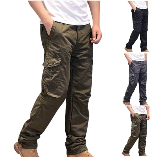 Cargohose Herren Fleece-Innenfutter Freizeithose Herren Baggy Baumwolle Cargo Hose Warme Gefütterte Jogginghose mit Knopfleiste Outdoorhose Herren Weites Bein Arbeitshose mit Multi Taschen Wanderhose von WOXIHUAN