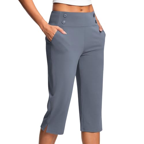 Damen 3/4 Hose Sommer Caprihose Frauen Yoga Capri Hose mit Taschen Jogginghose hohe Taille Leggings Einfarbige Freizeithose Sportliche Trainingshose Bauchkontrolle Yogahose für Sport und Freizeit von WOXIHUAN