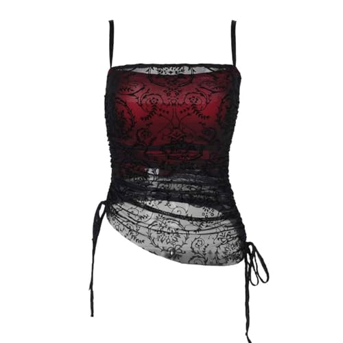 Damen Gothic Tüll Shirt Sale Steampunk Spaghetti Träger Weste Frauen Blumendruck Corsage Tops Doppellagiger Oberteile mit Kordelzug Renaissance Korsett Bluse für Halloween Kostüm Karneval Cosplay von WOXIHUAN