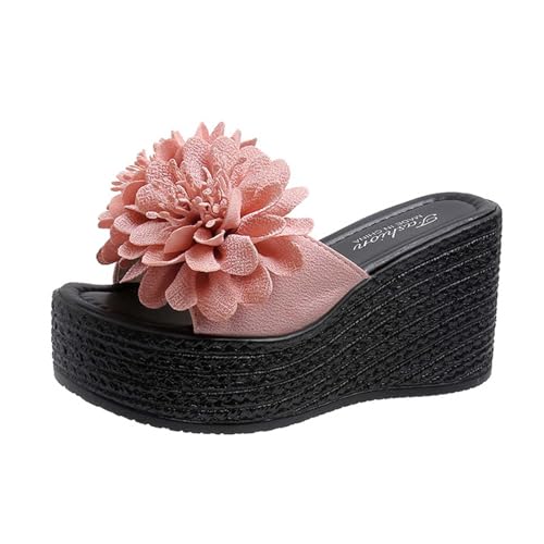 Damen Keilabsatz Sandalen Sale Blumenstickerei Keilsandalen Sandals Frauen Dicke Sohle Sandalette Wedges Sandale Rutschfeste Hausschuhe Offene Zehe Slippers Atmungsaktiv Sandaletten Outdoor Schuhe von WOXIHUAN