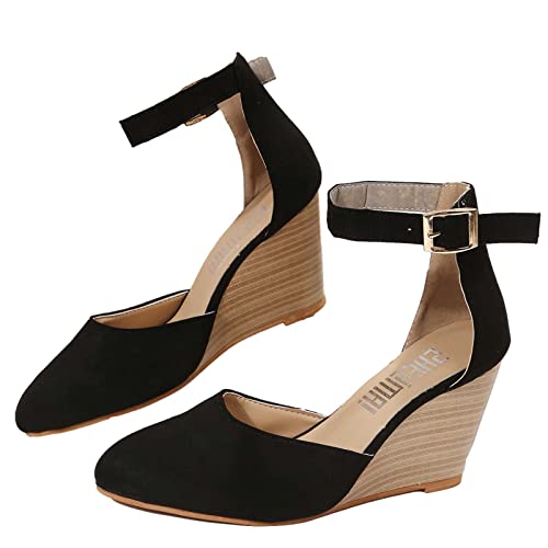 Damen Keilabsatz Sandals Spitze Zehe Sandalette Frauen Sandalen mit Kreuz Knöchelriemen Chunky Heel Sandale Wedges Sandal Riemchenpumps Sandaletten Geschlossener Spitze Slippers Elegant Hausschuhe von WOXIHUAN