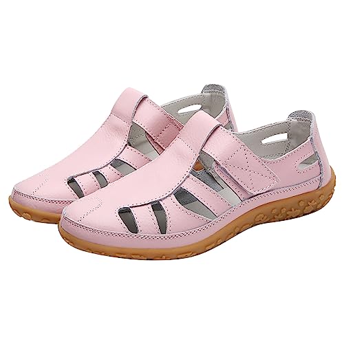 Damen Leder Stoff Sandalen Sale Runde Zehen Sandals Frauen Aushöhlen Sandalette Verstellbare mit Klettverschluss Sandale Rutschfeste Sandal Sommer Bequem Sandaletten Outdoor Wanderschuhe Slippers von WOXIHUAN