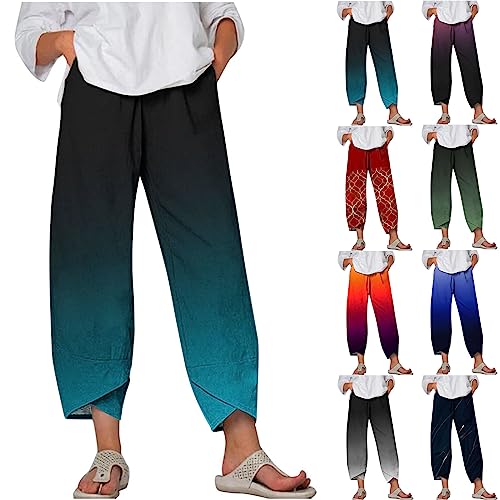 Damen Leinenhose Farbverlauf Sommer Freizeithose, Elastischer Bund Leinen Sommerhose mit Taschen Strandhose Frauen Loose Fit Sweathose Straight Bein Hose Haremshose Elegant Palazzo Hose für Alltag von WOXIHUAN
