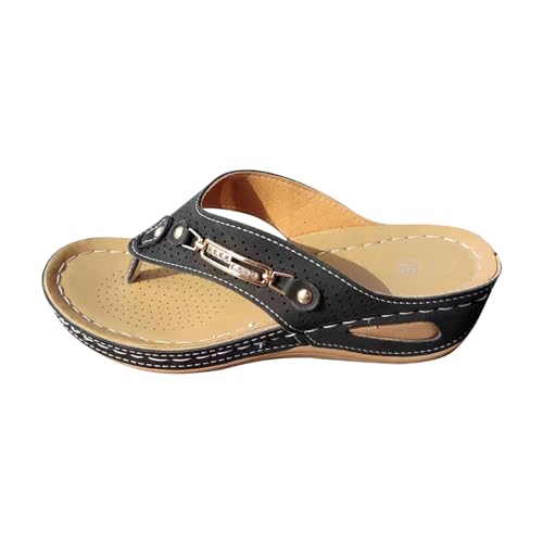 Damen Orthopädische Sandalen Sale Frauen Keilabsatz Flip Flops Sandals Metall-Knopf Sandaletten Leder Stoff Sandal Leicht Zehentrenner Pantoffeln rutschfeste Gummisohle Schuhe Strand Slippers von WOXIHUAN