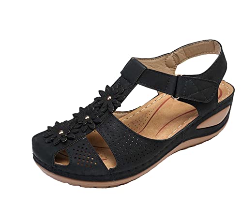 Damen Plateau Sandalen Runde Zehen Sandals Gekreuzte Riemen Sandalette Frauen Blumenstickerei Sandaletten Geschlossener Spitze Sandale Verstellbare mit Klettverschluss Sandal Römische Slippers von WOXIHUAN