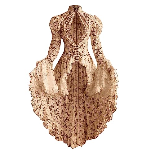 Damen Renaissance Mittelalter Spitzenkleid Sale Gothic Kleid mit Trompetenärmel Goth Retro Kleider Unregelmäßiger Saum Steampunk Spitzenkleid Hohe Taille Röcke Renaissance Mittelalter Kostüme von WOXIHUAN