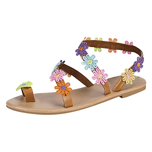 Damen Zehenring Sandals Sale Blumenstickerei Sandalen Frauen Flache Sandal Sandaletten mit Kreuz Knöchelriemen Offene Zehe Sandale Atmungsaktiv Sandalette Outdoor Freizeitschuhe Sommer Strandschuhe von WOXIHUAN