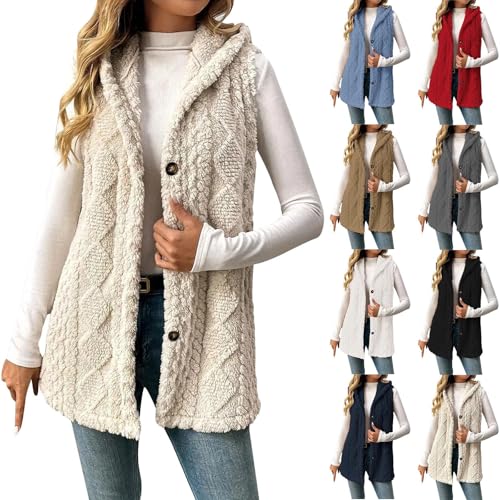 Fleece Weste Damen mit Kapuzen, Ärmellose Fleeceweste Damen mit Knöpfe Kapuzenjacke Herbst Winter Warm Plüschweste Einfarbig Pelzjacke Winterjacke Übergangsjacke Locker Komfortabel Fleecejacke von WOXIHUAN