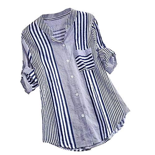 Gestreiftes Langarmshirt Damen Sale, Damen Button-Down Shirts Elegant Blusen Stehkragen Oberteiel Lässig Hemdbluse Damen Tops Longshirt Langarm Tunika mit Brusttasche Businessbluse Sommerblusen von WOXIHUAN
