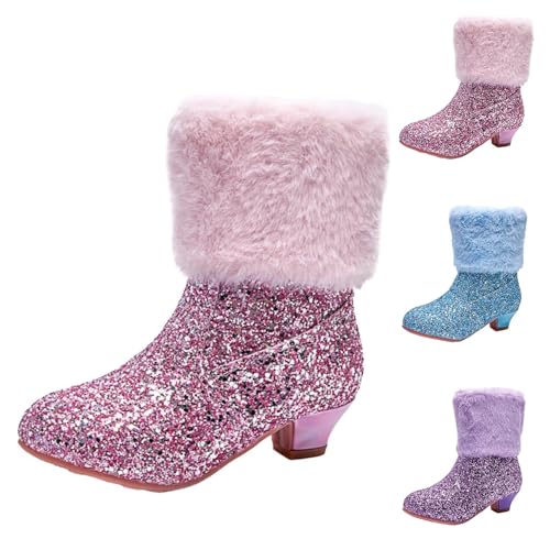 Glänzender Stiefel Mädchen, Prinzessin Schuhe Kinder mit Fleece Stiefeletten Seitlichem Reißverschluss Stiefelette mit Absatz Stiefelschuhe Mary Jane Tanzschuhe Winterstiefel für Party Geburtstag von WOXIHUAN