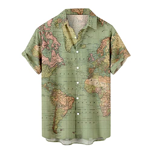 Hawaii Hemd Herren Kurzarm T Shirts Herren Weltkarte Drucken Hawaiihemd Button-Down Herrenhemd Freizeithemd Turndown Tshirts Sommer Hemden Leicht Kurzarmhemd Casual Urlaub Sommer Strand Party von WOXIHUAN
