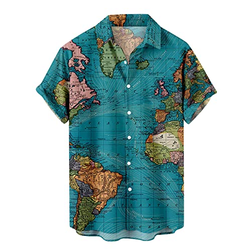Hawaii Hemd Herren Kurzarm T Shirts Herren Weltkarte Drucken Hawaiihemd Button-Down Herrenhemd Freizeithemd Turndown Tshirts Sommer Hemden Leicht Kurzarmhemd Casual Urlaub Sommer Strand Party von WOXIHUAN
