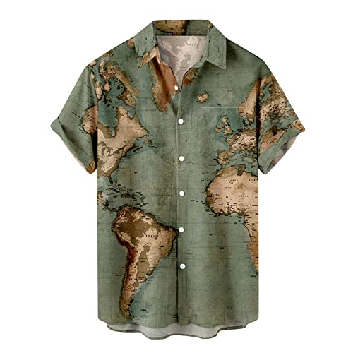 Hawaii Hemd Herren Kurzarm T Shirts Herren Weltkarte Drucken Hawaiihemd Button-Down Herrenhemd Freizeithemd Turndown Tshirts Sommer Hemden Leicht Kurzarmhemd Casual Urlaub Sommer Strand Party von WOXIHUAN