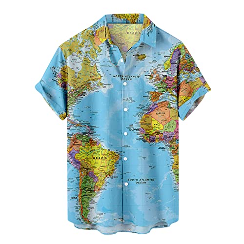Hawaii Hemd Herren Kurzarm T Shirts Herren Weltkarte Drucken Hawaiihemd Button-Down Herrenhemd Freizeithemd Turndown Tshirts Sommer Hemden Leicht Kurzarmhemd Casual Urlaub Sommer Strand Party von WOXIHUAN