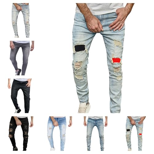 Herren Destroyed Jeans Hose Sale Stretch Casual Jeanshose Skinny Ripped Hip Hop Hose Mit Löchern Für Männer Slim Fit Reißverschluss Jeanshosen Men Wasserwäsche Used Look Denim Pants Freizeithose von WOXIHUAN