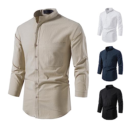 Herren Leinenhemd Sale Gothic Hemd mit Tasche Mittelalter Kostüm Langarm Stehkragen Shirt Gothic Kleidung Button-Down-Hemd Steampunk Viktorianisch T-Shirt Regular Fit Freizeithemd Einfarbig Shirt von WOXIHUAN