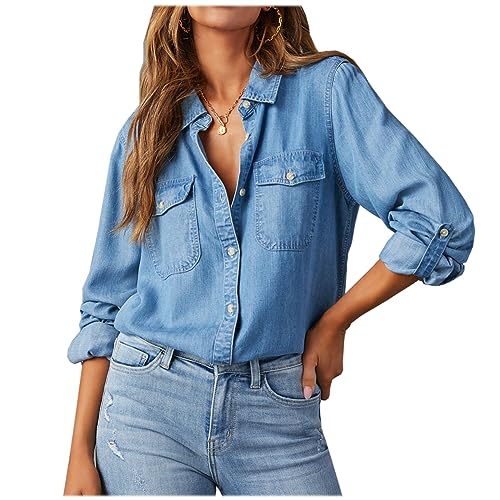 Jeanshemd Damen Bluse Button Down Jeansbluse mit Brusttasche Freizeithemd Weich Denim Hemd Casual Jeansjacke Elegant Langarm Businessbluse Oberteile mit Knöpfen Tops Lose Langarmshirt Arbeitshemd von WOXIHUAN