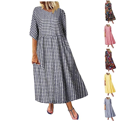 Kariert Kleid Damen Sale Baumwolle Leinen Kleider Damen Sommerkleid Elegant Rundhals-Ausschnitt Kurzarm Lang Strandkleid Elegante A Linie Maxikleid Leicht und Luftig Freizeitkleid Große Größe von WOXIHUAN