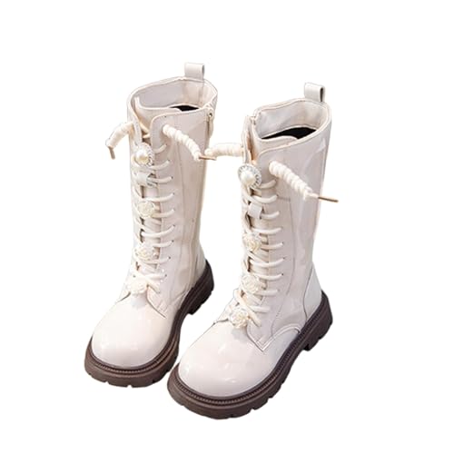 Kinder Stiefel Mädchen, Langschaft Lackstiefel mit Perle und Blume Boots Mädchen mit Seitlichem Reißverschluss Schnürstiefel Profilsohle Reitstiefel Rutschfest Schuhe Herbststiefel Winterstiefel von WOXIHUAN
