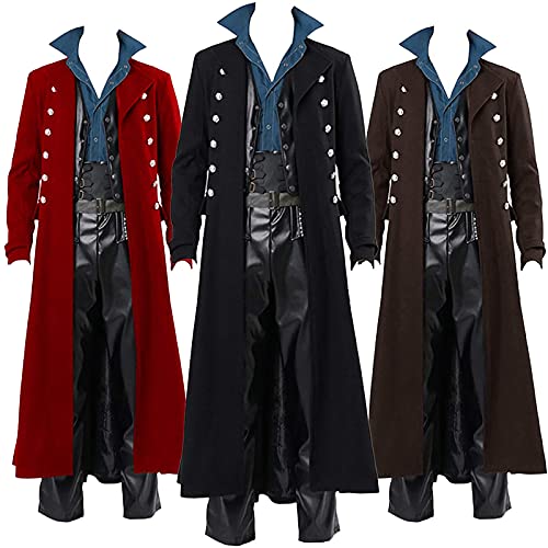 Lange Gothic Mantel Herren, Zweireiher Steampunk Jacke Herren Langarm Stehkragen Gehrock Vintage Mittelalter Kleidung Viktorianisches Kostüm Renaissance Trenchcoat für Männer Halloween Kostüm Karneval von WOXIHUAN