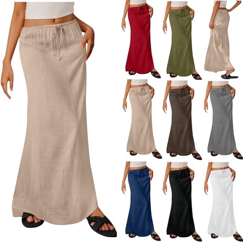 Leinen Rock Damen Sale, Schlauchrock aus Baumwolle und Leinen, Knielänge Bleistiftrock Elastische Taille mit Kordelzug Schlauchrock Hohe Taille Basic Midi Rock Lässiges Luftige Röcke für Strand Urlaub von WOXIHUAN