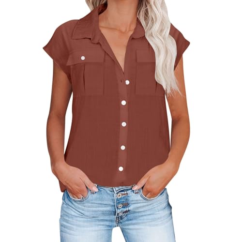 Leinenbluse Damen Kurzarm Tshirt für Frauen Button-Down-Hemd mit 2 Brusttasche Kurzarmhemd Einfarbig Businessbluse Musselin Bluse Damen Leinenhemd Leinen Baumwolle Hemd Oberteile Atmungsaktive Tops von WOXIHUAN