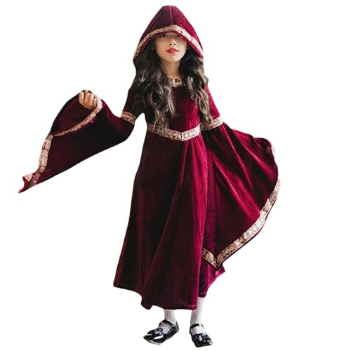 Mädchen Kleid mit Kapuze Sale Mittelalterliches Kleid mit Trompetenärmeln Hohe Taille Gehrock Renaissance Kleidung Kinder Lang Kleider Prinzessinnen Ballkleid für Halloween Kostüme Karneval Party von WOXIHUAN