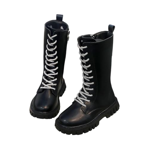 Mädchen-Stiefel, Mittelere Schnürstiefel mit Seitlichem Reißverschluss Reitstiefel PU-Leder Stiefeletten Wasserdichte Stiefeletten Profilsohle Winterstiefel Rutschfest Schuhe für Schule Freizeit von WOXIHUAN