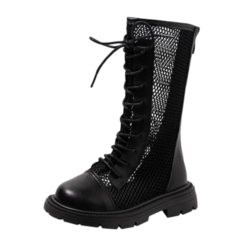 Mesh Stiefel Mädchen, Langschaft Boots Mädchen mit Reißverschluss Schnürstiefel Atmungsaktiv Reitstiefel Runde Zehen Stiefeletten Elegant Herbststiefel Winterstiefel Dicke Sohle Rutschfest Schuhe von WOXIHUAN