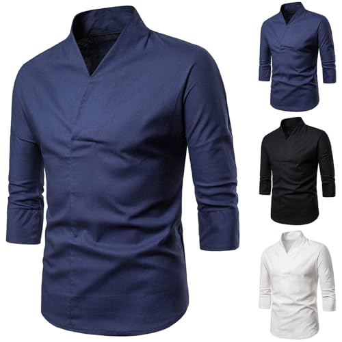 Mittelalter Hemd Herren Leinenhemd 3/4 Ärmel Freizeithemd V Ausschnitt Shirt Retro-Stil Kostüm Hemden Slim Fit Freizeithemden Casual Sommerhemd Leinen Shirts Bequem Oberhemden Kurzarm T-Shirt von WOXIHUAN