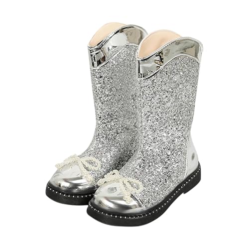 Pailletten Stiefel Mädchen, Boots Mädchen mit Perle Mittelere Stiefel mit Reißverschluss Stiefeletten für Kinder, PU-Leder Reitstiefel Rutschfest Schuhe Winterstiefel für Schule Freizeit Party von WOXIHUAN