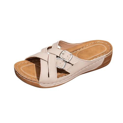 Plateau Sandalen Damen Sale Orthopädische Sandaletten Gekreuzte Riemen Sandale mit Verstellbarem Riemen Sommerschuhe Peep Toe Hausschuhe Leder Römersandalen Gummi Sohle Schlappen Freizeit Strandschuhe von WOXIHUAN
