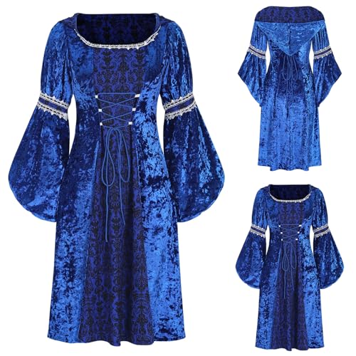 Renaissance Kleid Sale Damen Samt Kleider mit Kapuze Mittelalter Kostüm mit Trompetenärmel Gotisch Maxikleid Gebundene Taille Kleidung Viktorianisches Hofkleidung für Halloween Karneval Party von WOXIHUAN
