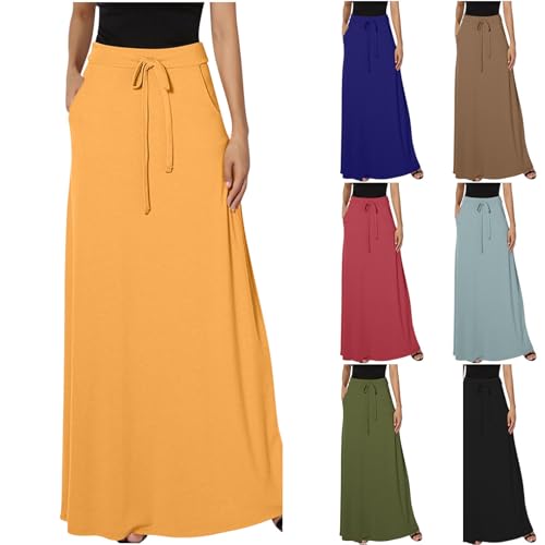 Rock Damen Lang Hohe Taille Röcke Elegant Maxirock A-Linie Beach Skirt Elastic Waistband mit Kordelzug Freizeitrock Einfarbig Rock mit Taschen Strandrock Faltenrock Freizeitkleid für Alltag von WOXIHUAN