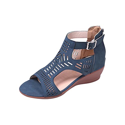 Sandalen Damen Sale Keilsandaletten Damen mit Keilabsatz Sandaletten Aushöhlen Sandals PU Leder Sommerschuhe mit Verstellbare Riemen Sandalette Peep Toe Plateau Sandale Elegant Rutschfest Schuhe von WOXIHUAN