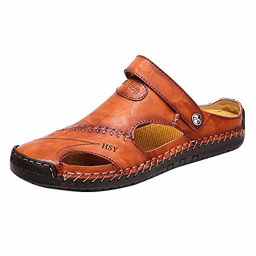 Sandalen Herren Sale, Leder Sandaletten Geschlossene Zehe Pantoffeln Männer Dual-Use Sandale Schlappen Modische Sommerschuhe Strand Schuhe Freizeit Flach Sandalette Strandschuhe für Innen/Outdoor von WOXIHUAN