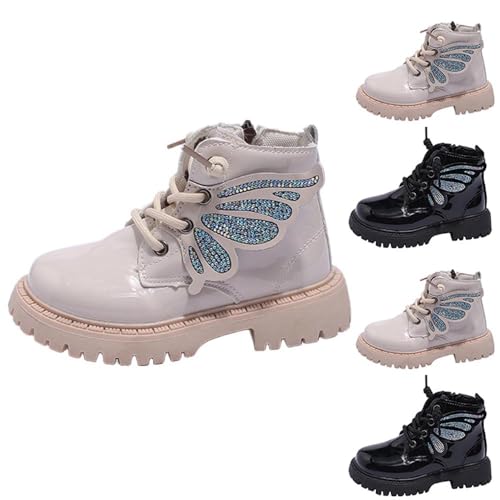 Schmetterlingsflügel Stiefel Mädchen, PU Leder Boots Mädchen mit Seitlichem Reißverschluss Schnürstiefel Mittelere Reitstiefel Wasserdichte Stiefelette Bequem Stiefelschuhe Herbststiefel Winterstiefel von WOXIHUAN