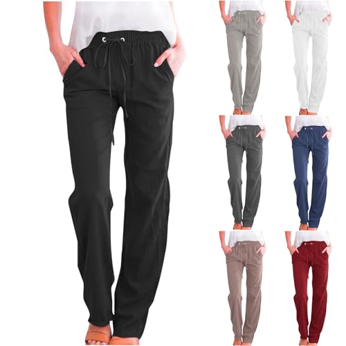 Leinenhose Damen Sommerhose Loose Freizeithose Frauen Einfarbige Palazzo Hose Straight Bein Hose Stoffhose Loose Fit Hosen Lässige Jogginghose Yogahose mit Taschen und Tunnelzug Strandhose von WOXIHUAN