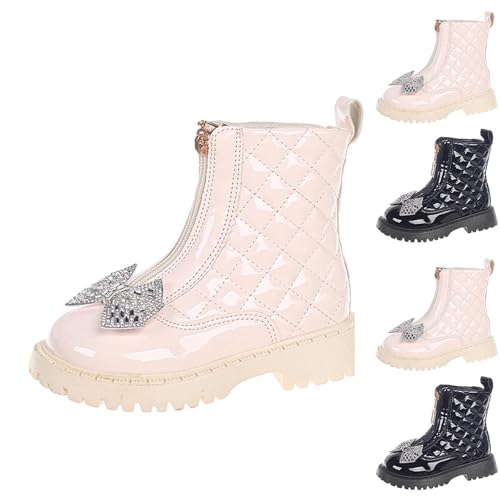 Stiefel Mädchen Fliege mit Strass Boots Mädchen Kinder Leder Kniehohe Reitstiefel mit Reißverschluss Stiefeletten Mittelere Stiefel Dicke Sohle Rutschfest Schuhe Herbststiefel Winterstiefel für Schule von WOXIHUAN