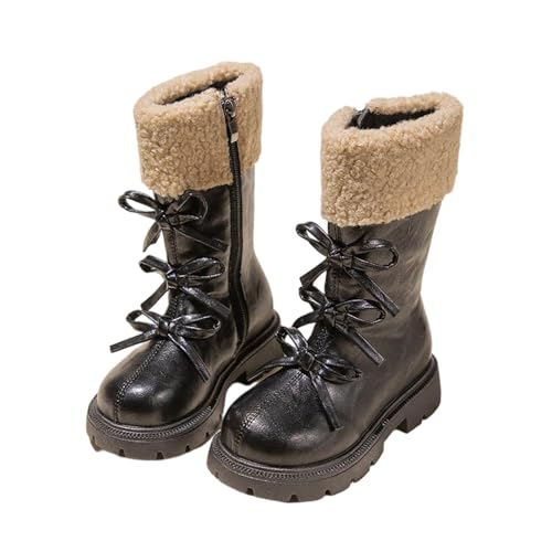 Stiefel Mädchen mit Fleece, Winterstiefel Warme Boots Mädchen Langschaft Leder Kniehohe Reitstiefel mit Seitlichem Reißverschluss Stiefeletten mit Fliege Stiefelschuhe Profilsohle Rutschfest Schuhe von WOXIHUAN