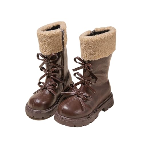 Stiefel Mädchen mit Fleece, Winterstiefel Warme Boots Mädchen Langschaft Leder Kniehohe Reitstiefel mit Seitlichem Reißverschluss Stiefeletten mit Fliege Stiefelschuhe Profilsohle Rutschfest Schuhe von WOXIHUAN